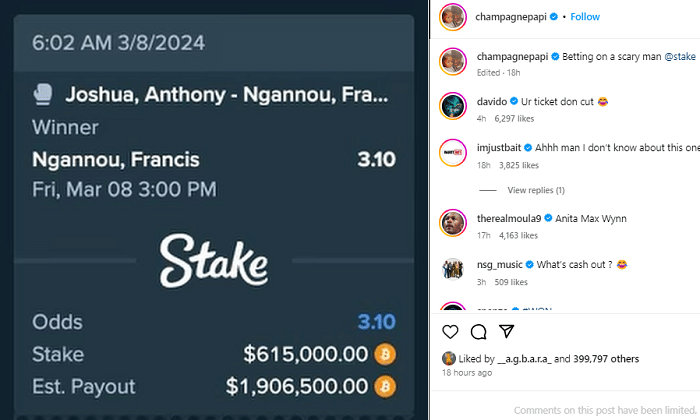Davido Mocks Drake As He Loses $615,000 Bet On Francis Ngannou Who Was Knocked Out By Anthony Joshua
