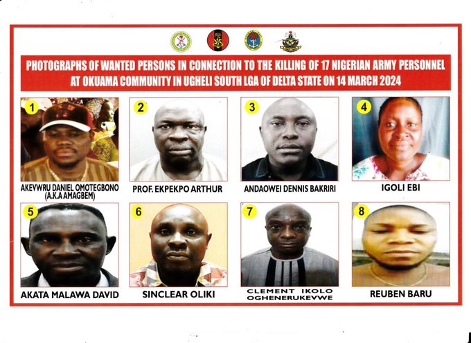 Defence headquarters has declared eight persons wanted for killing the 17 soldiers in Delta state.