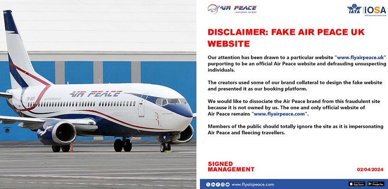 Air Peace airline has taken a firm stand against fraudulent fake Air Peace UK website ripping it's customers of their money.