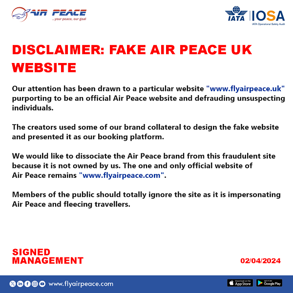 Fake Air Peace UK Website