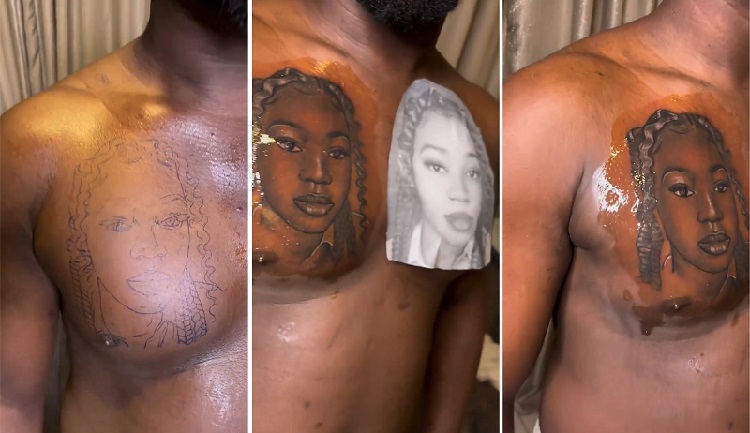 'What Stage Of Relationship Is This' - Netizens Reacts As Man Tattoos Partner's Face on His Chest (Video)