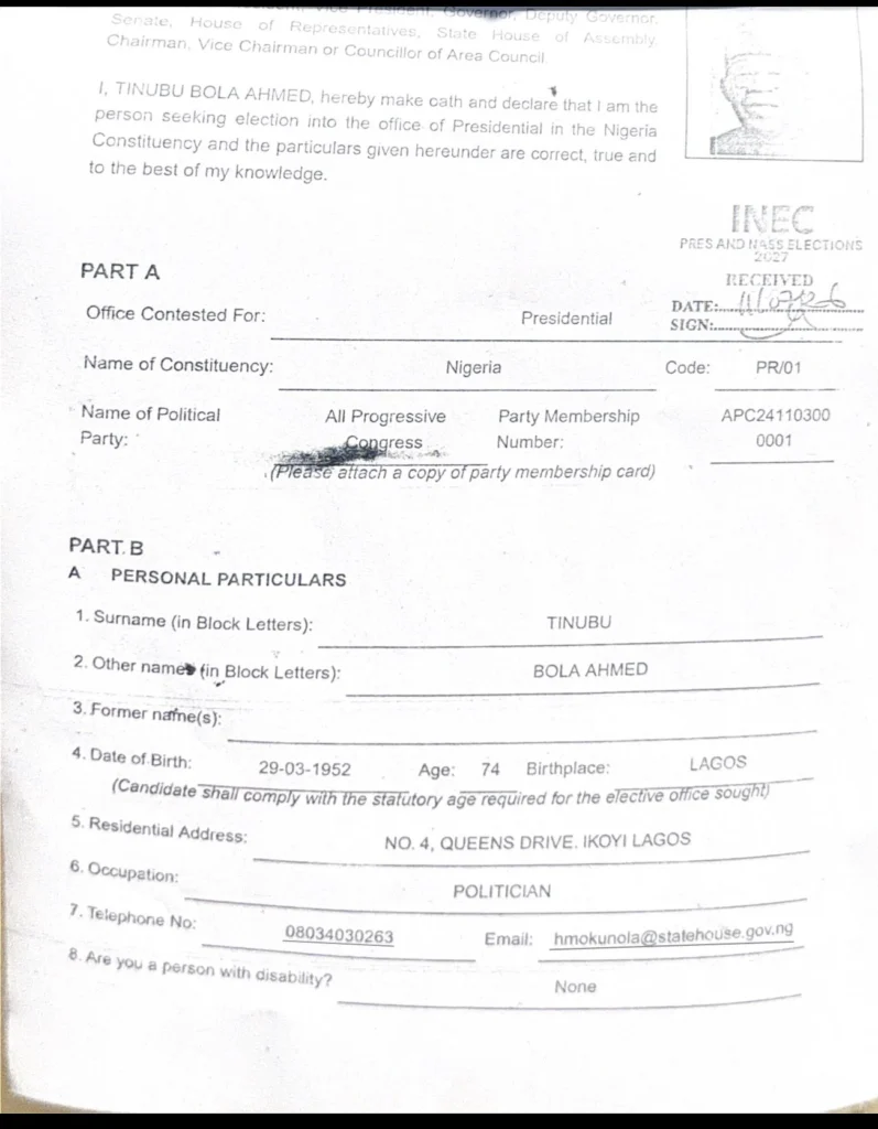 BREAKING: INEC Publishes Tinubu, Shettima's Certificates, Personal Details Ahead of 2027 Election