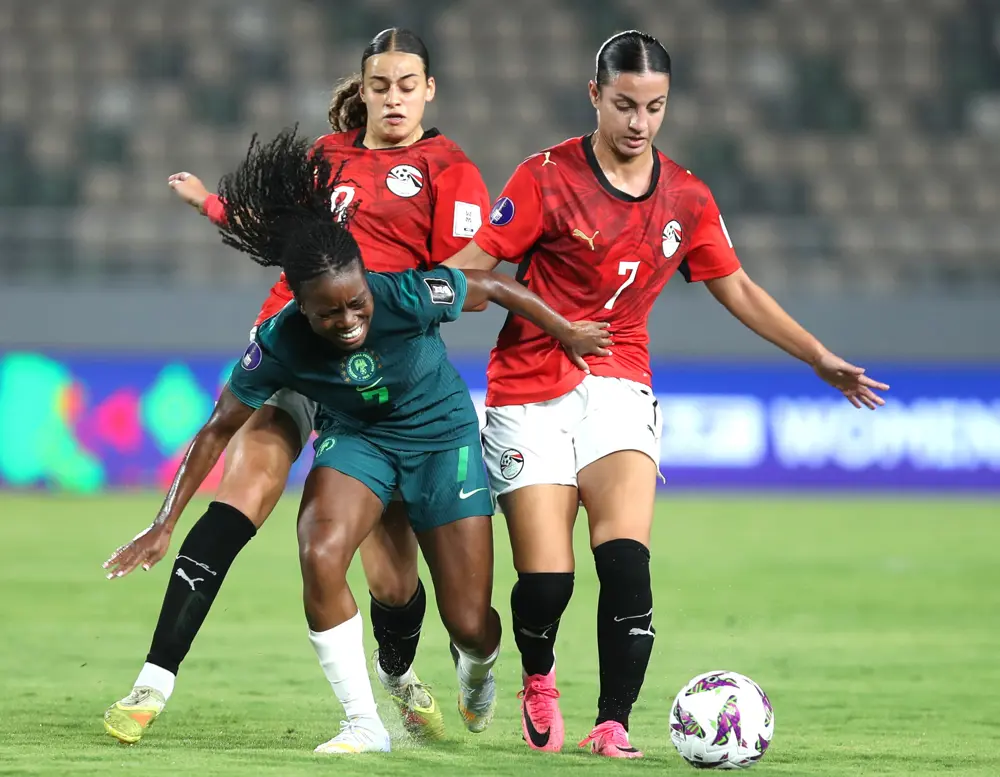 nadin yasser ezzat ghazy of egypt challenges antionette oyedupe of nigeria during the 2026 womens africa cup of nations match between egypt and nigeria